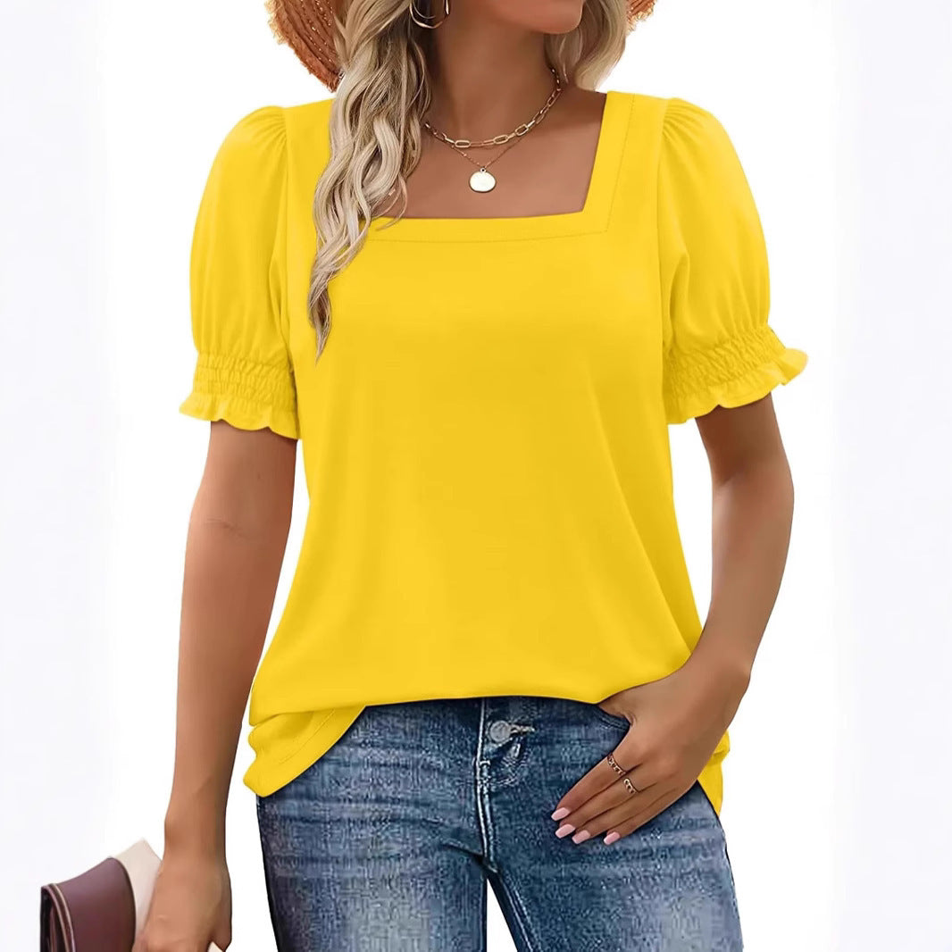 Spring And Summer New Fashion Simple U-neck Petal Sleeve Loose T-shirt