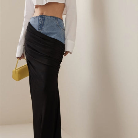 Fashion Black Panel Denim Skirt