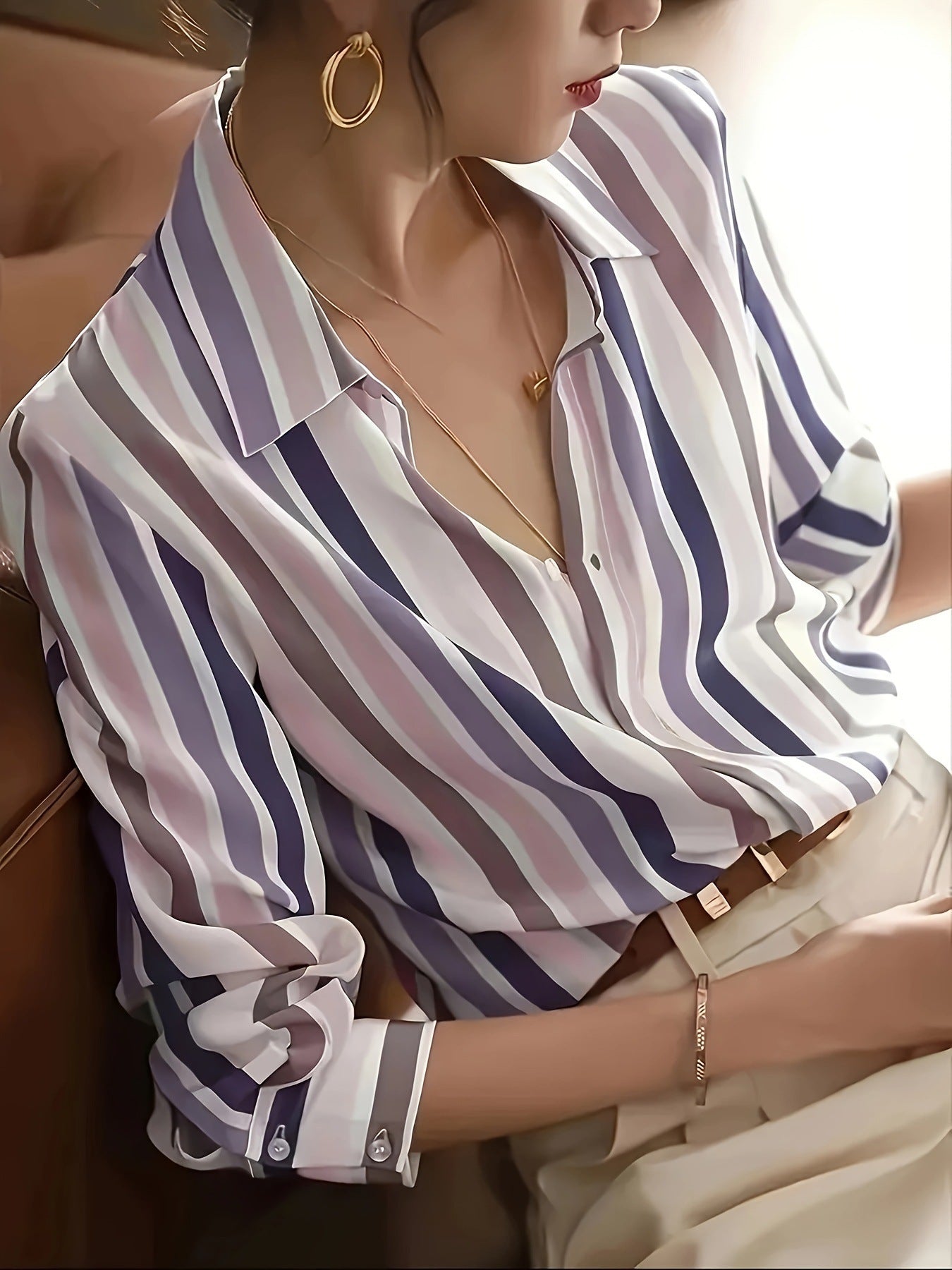 Color Blocking Temperament Striped Shirt For Women