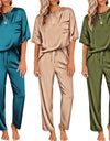 Women's Satin Silky Pajamas Short-sleeved Shirt Long Pajama Pants Suit