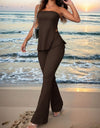 Summer Ladies' Solid Color Vacation Style Tube Top High-Slit And Flare Pants Two-Piece Set