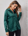 Lapel Button Leopard Jacquard Faux Silk Shirt