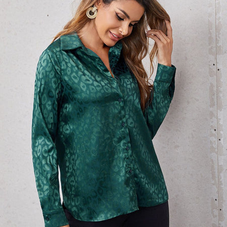 Lapel Button Leopard Jacquard Faux Silk Shirt
