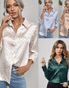 Lapel Button Leopard Jacquard Faux Silk Shirt