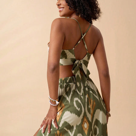Tropical Print Tie Backless Cami Top & Split Thigh Skirt Two Piece Set