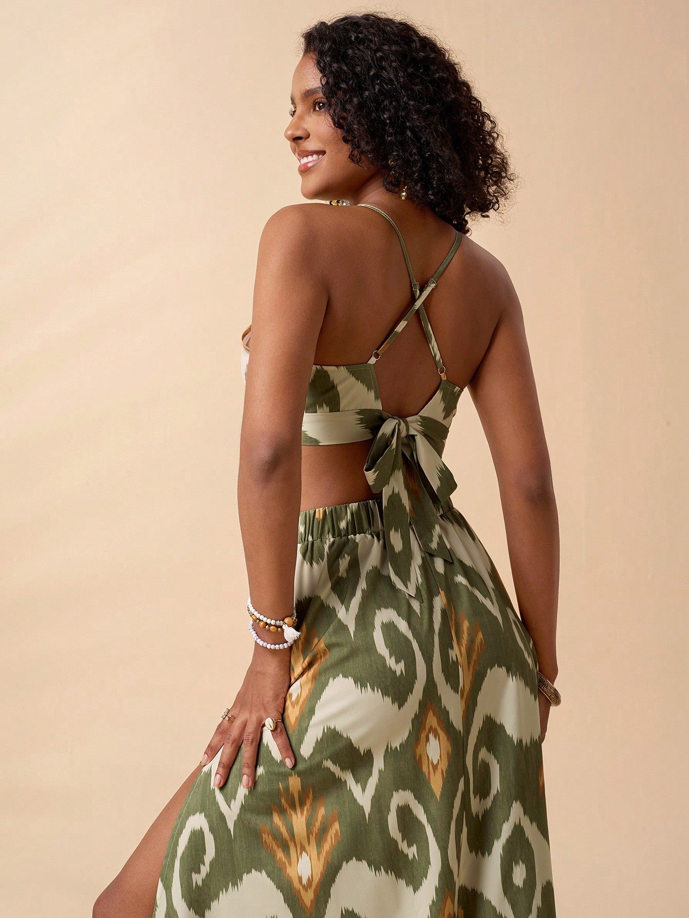 Tropical Print Tie Backless Cami Top & Split Thigh Skirt Two Piece Set