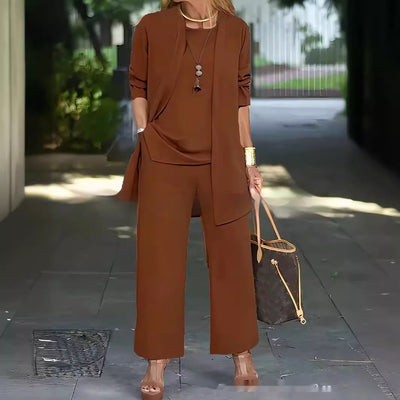 Pure Color Split Round Neck Sleeveless Vest Top Long Sleeve Cardigan Jacket Wide Leg Pants Suit