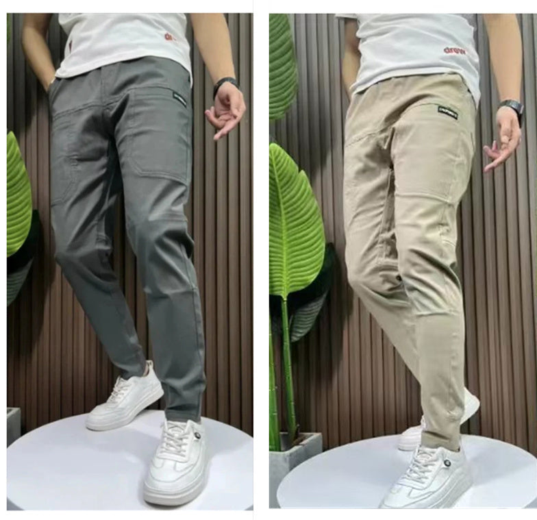 Men's Ice Silk Stitching Six-pocket Embroidery High Elastic Casual Pants