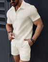 Leisure Breathable Beach Two Piece Suits Mens Summer Casual Short Sleeve Shirt And Shorts Men Outfits Vintage Textured Solid Set
