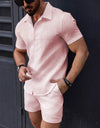 Leisure Breathable Beach Two Piece Suits Mens Summer Casual Short Sleeve Shirt And Shorts Men Outfits Vintage Textured Solid Set