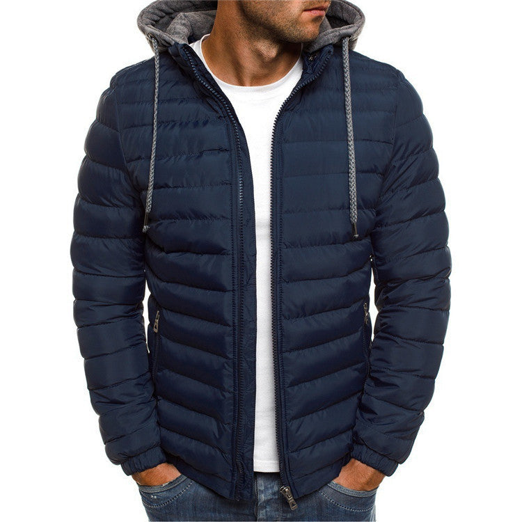 Men's Cotton Padded Jacket Casual Plus Size Solid Color Hooded Cotton Padded Jacket