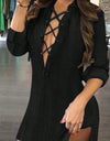 Color Cross Tie Cuff Simple Long Sleeve Blouse Women Shirt