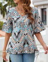 V-neck Printed T-shirt Casual Bell Sleeve Top