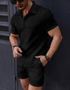 Leisure Breathable Beach Two Piece Suits Mens Summer Casual Short Sleeve Shirt And Shorts Men Outfits Vintage Textured Solid Set