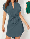 V-neck Short Sleeve Dress With Belt Summer Fashion Bowknot Dresses For Women Clothing
