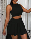Casual Solid Color Round Neck Women's Vest Short Skirt Set