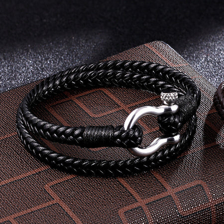 Navy Anchor Chain Genuine Leather Vachette Clasp Woven Leather Bracelet