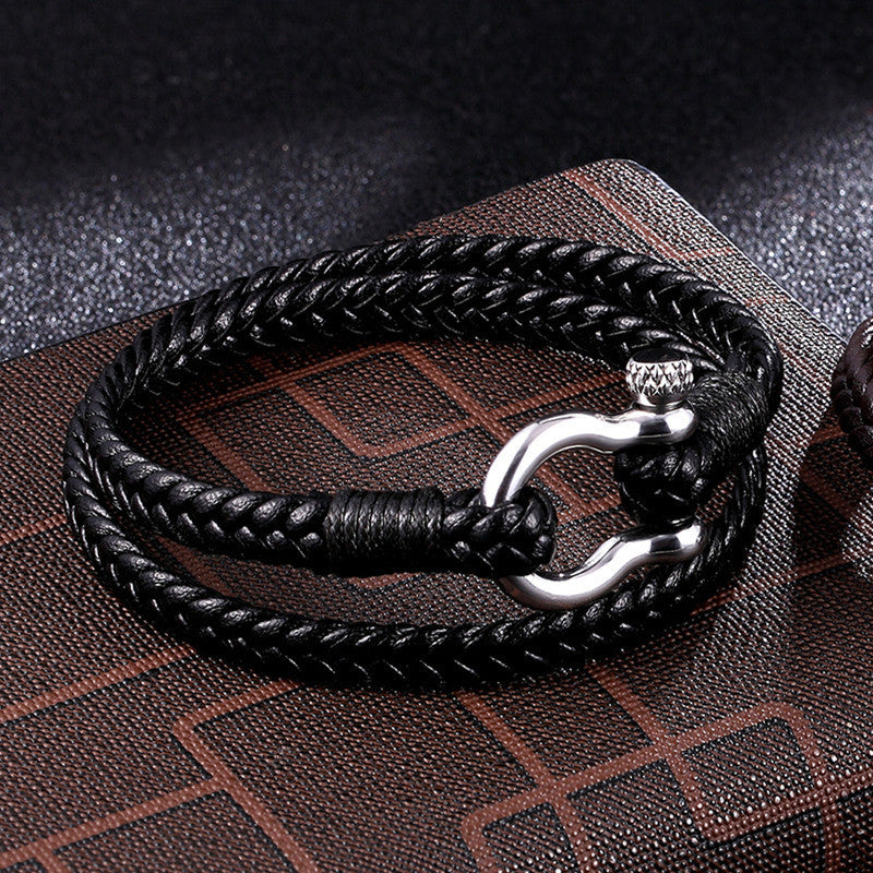 Navy Anchor Chain Genuine Leather Vachette Clasp Woven Leather Bracelet