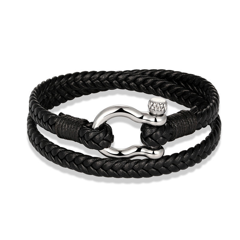 Navy Anchor Chain Genuine Leather Vachette Clasp Woven Leather Bracelet