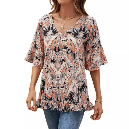 V-neck Printed T-shirt Casual Bell Sleeve Top