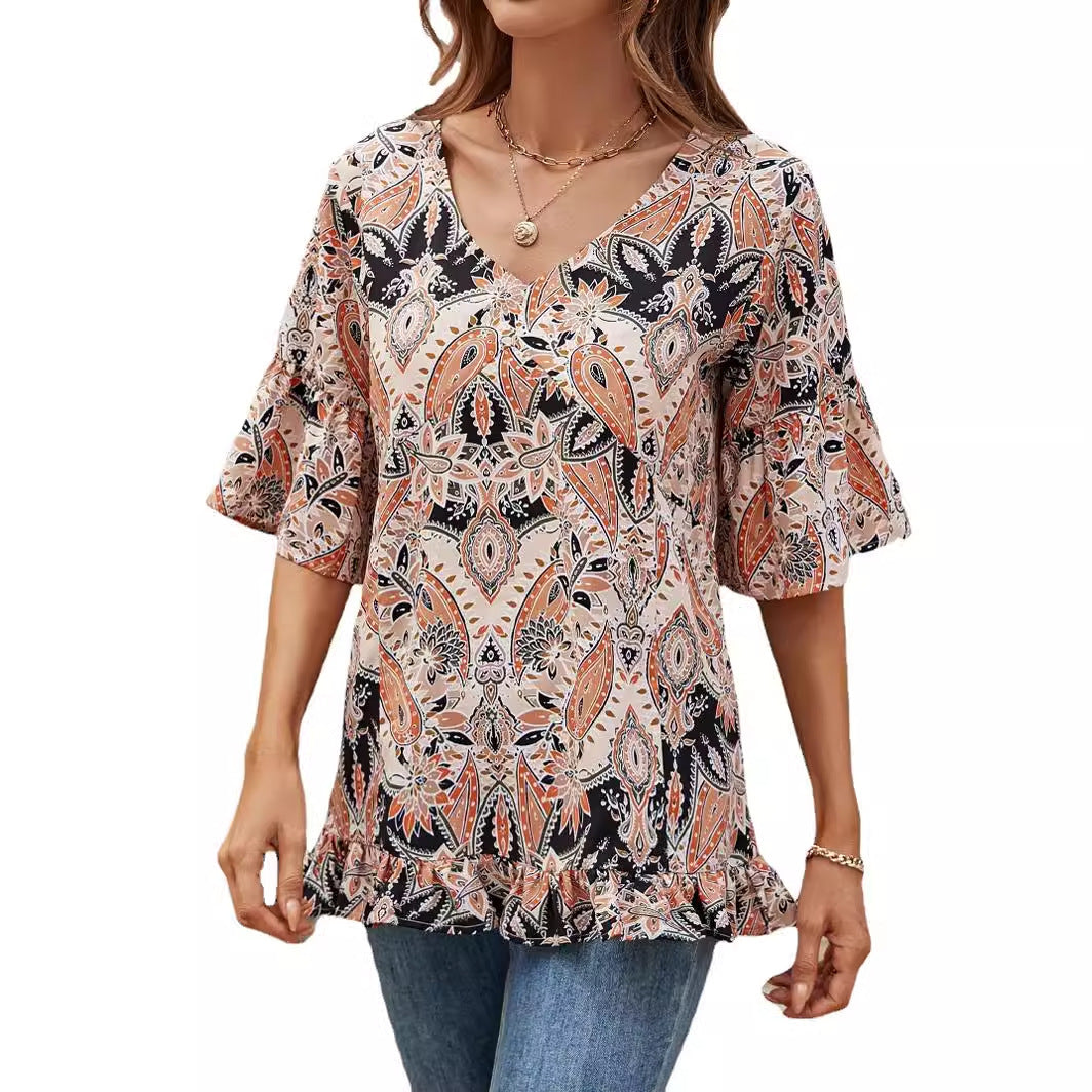 V-neck Printed T-shirt Casual Bell Sleeve Top