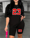 Women's Casual Sporty Number Print Short Sleeve T-Shirt And Shorts Set, Comfortable Athletic Loungewear Outfit