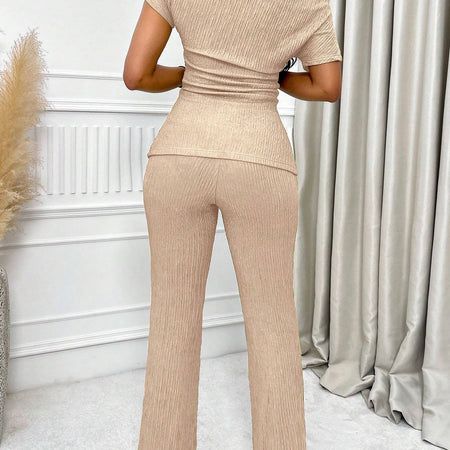 Neck Split Hem Ruched Top & Flare Leg Pants