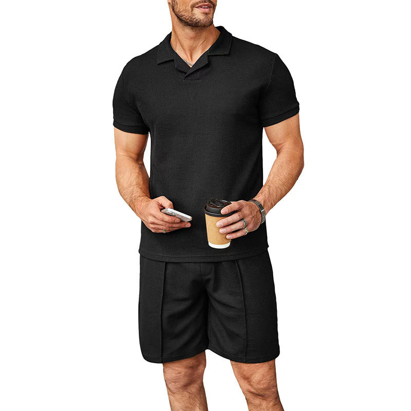 Summer New Waffle V-neck Polo Shirt Men's Suit