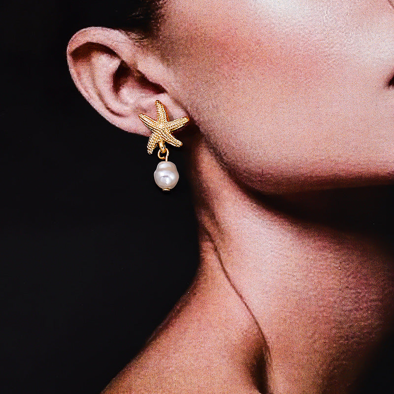 Metal Starfish Pearl Tassel Women's Earrings