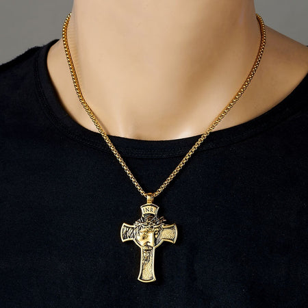 Stainless Steel Cross Shelf Head Pendant Necklace Personality Retro Men