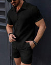 Leisure Breathable Beach Two Piece Suits Mens Summer Casual Short Sleeve Shirt And Shorts Men Outfits Vintage Textured Solid Set