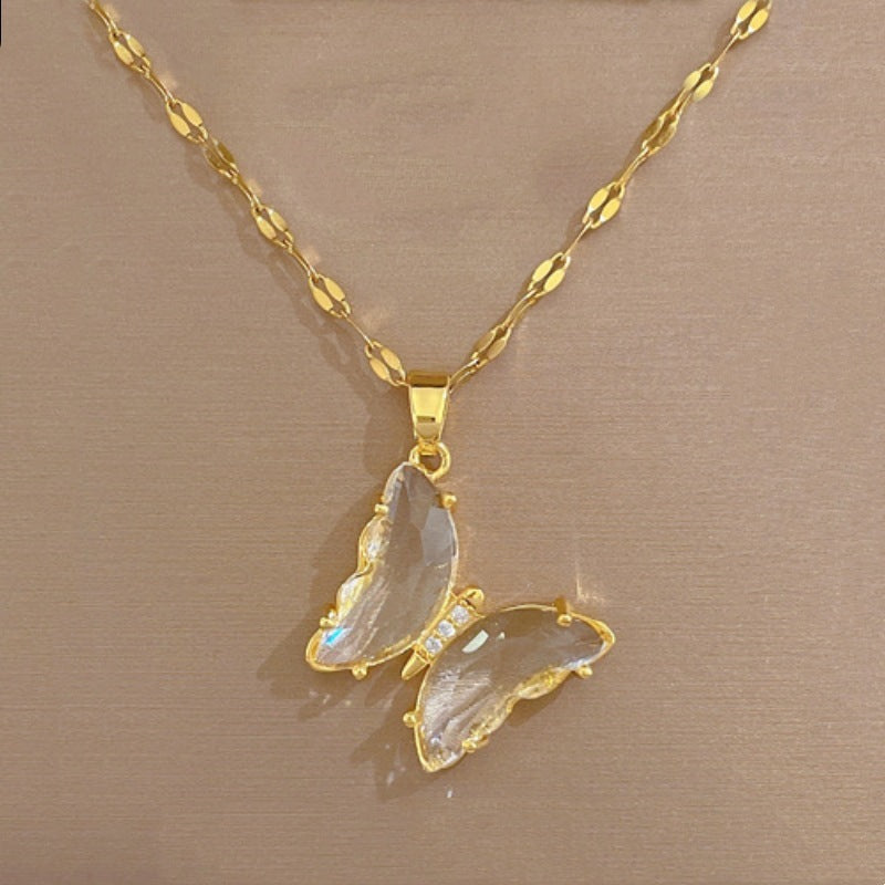 European And American Ins Crystal Zircon Butterfly Pendant Necklace