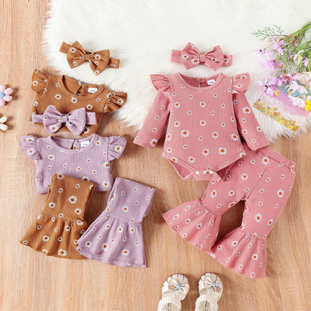 Children's Printed Top Bell-bottom Pants Hair Band Set