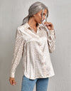 Lapel Button Leopard Jacquard Faux Silk Shirt