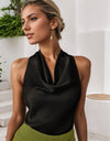 Women Solid Color Swing Collar Sleeveless Vest Trendy Elegant Shirt With Halter Neckline Backless Short Sleeve Tops Tshirts