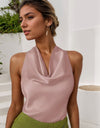 Women Solid Color Swing Collar Sleeveless Vest Trendy Elegant Shirt With Halter Neckline Backless Short Sleeve Tops Tshirts