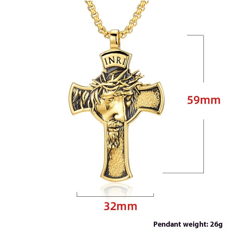 Stainless Steel Cross Shelf Head Pendant Necklace Personality Retro Men