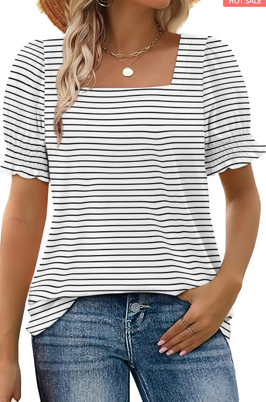 Spring And Summer New Fashion Simple U-neck Petal Sleeve Loose T-shirt