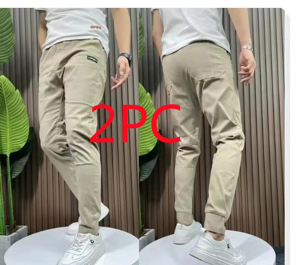 Men's Ice Silk Stitching Six-pocket Embroidery High Elastic Casual Pants