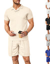 Summer New Waffle V-neck Polo Shirt Men's Suit