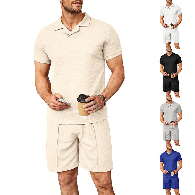 Summer New Waffle V-neck Polo Shirt Men's Suit