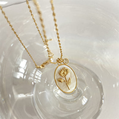 Vintage December Flower Oval Mother Of Pearl Necklace