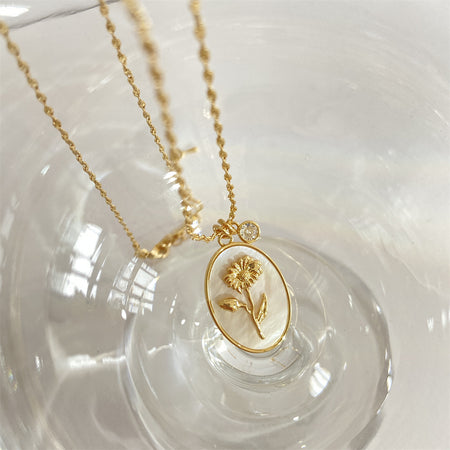 Vintage December Flower Oval Mother Of Pearl Necklace