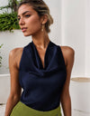 Women Solid Color Swing Collar Sleeveless Vest Trendy Elegant Shirt With Halter Neckline Backless Short Sleeve Tops Tshirts