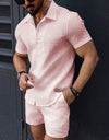Leisure Breathable Beach Two Piece Suits Mens Summer Casual Short Sleeve Shirt And Shorts Men Outfits Vintage Textured Solid Set