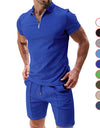Men's Short Sleeve Shorts Casual Suit Summer Waffle Solid Color Casual Loose Lapels T-shirt Suit Men