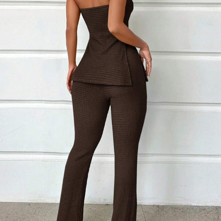 Summer Ladies' Solid Color Vacation Style Tube Top High-Slit And Flare Pants Two-Piece Set