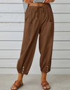 Loose High Waist Button Cotton And Linen Trousers Cropped Pants Wide Leg Women's Pants