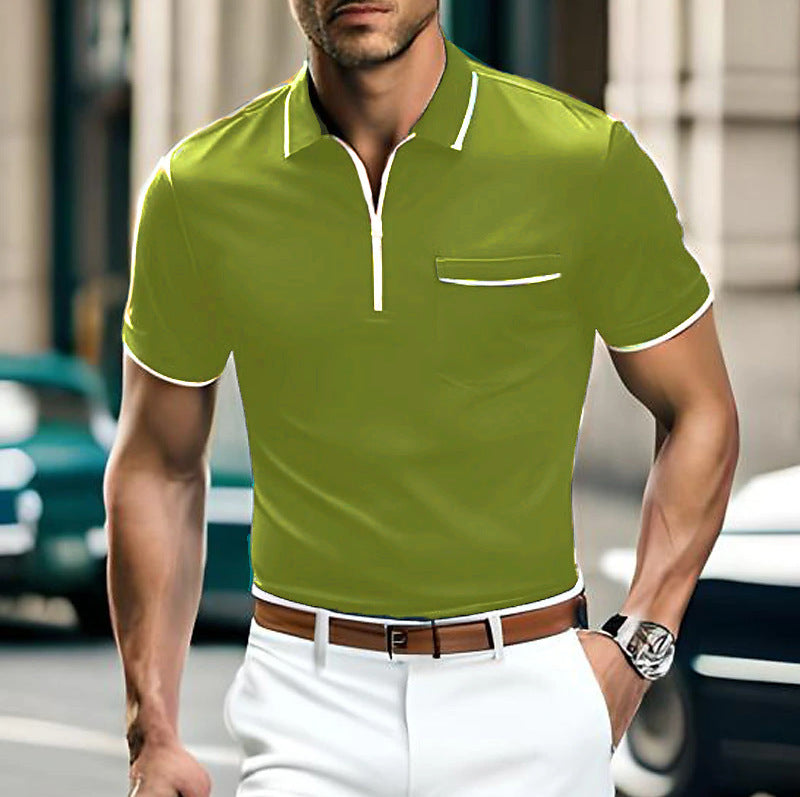 Summer New Men's Zipper Loose Casual Pocket Men's Sports Polo Shirt