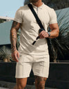 Men's Short Sleeve Shorts Casual Suit Summer Waffle Solid Color Casual Loose Lapels T-shirt Suit Men